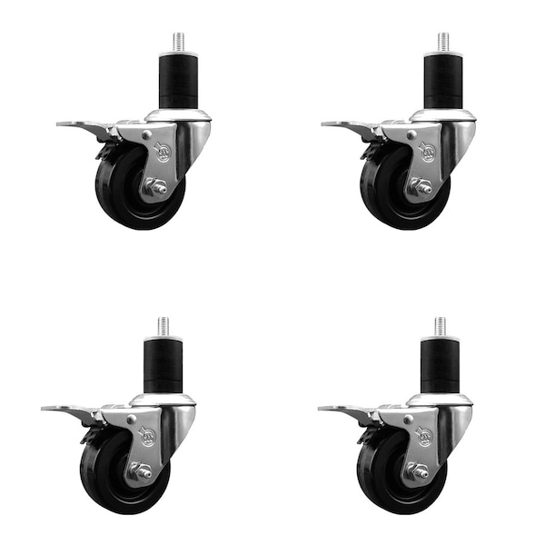 3'' Phenolic Swivel 1-3/4'' Expanding Stem Caster Set Total Lock Brake, 4PK